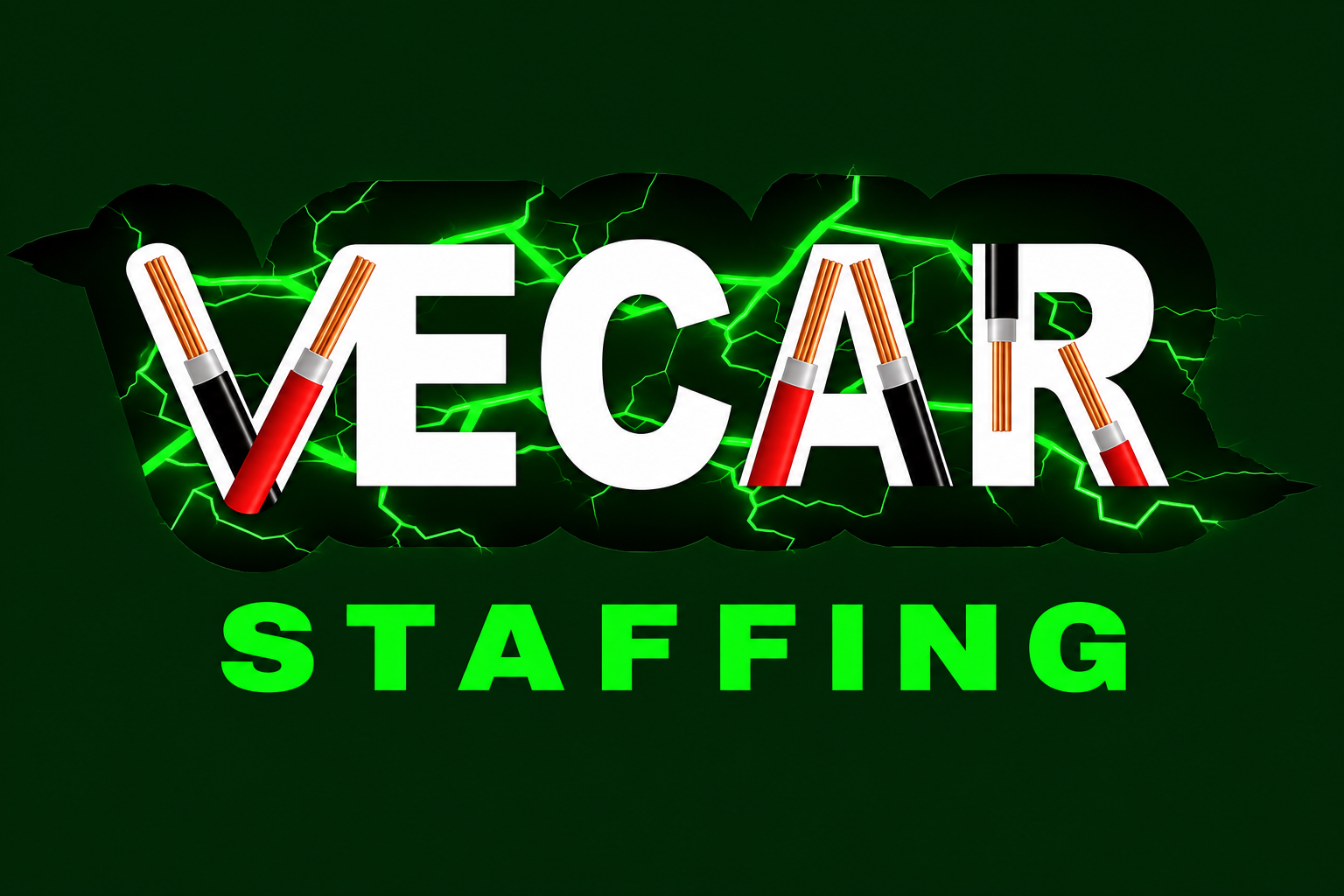 VECAR Staffing logo with electrical wires and green flashes